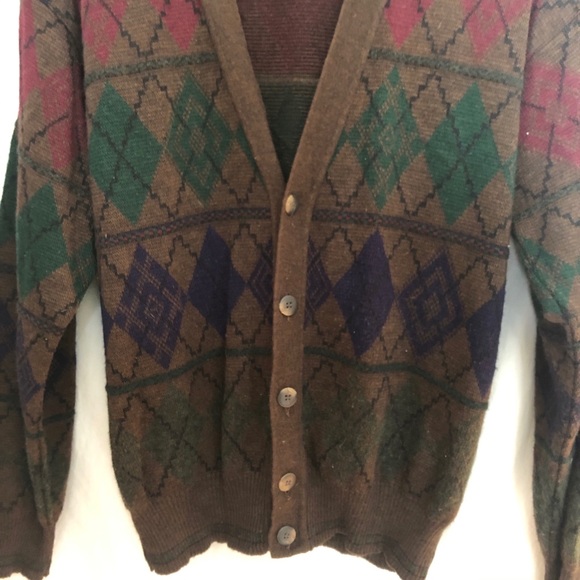 Italian Brown Argyle Wool Blend V-Neck Cardigan Grandpa Menswear Sweater - Picture 14 of 16